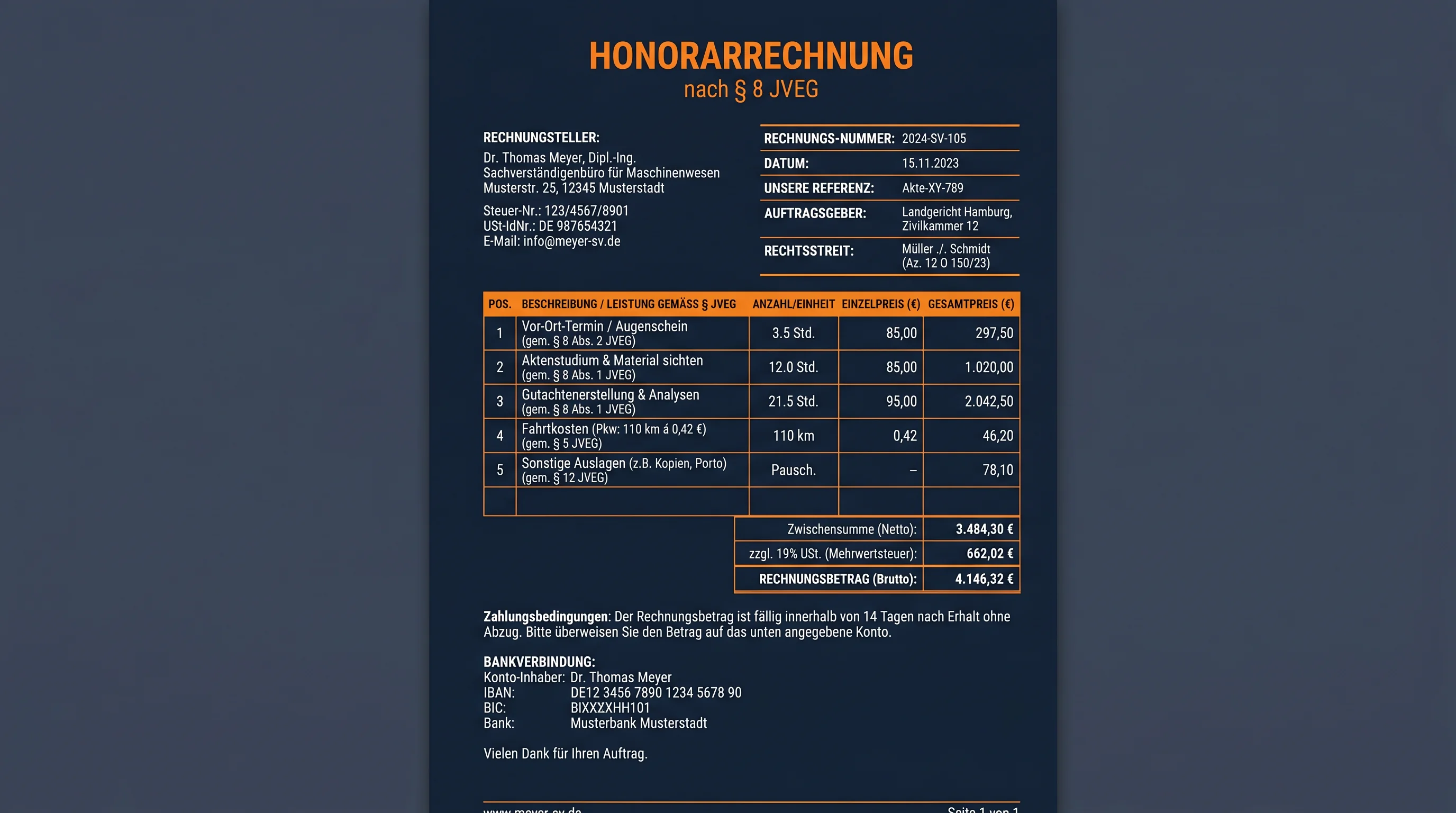 Rechnungs-Dashboard — JVEG-konforme Honorarabrechnung
