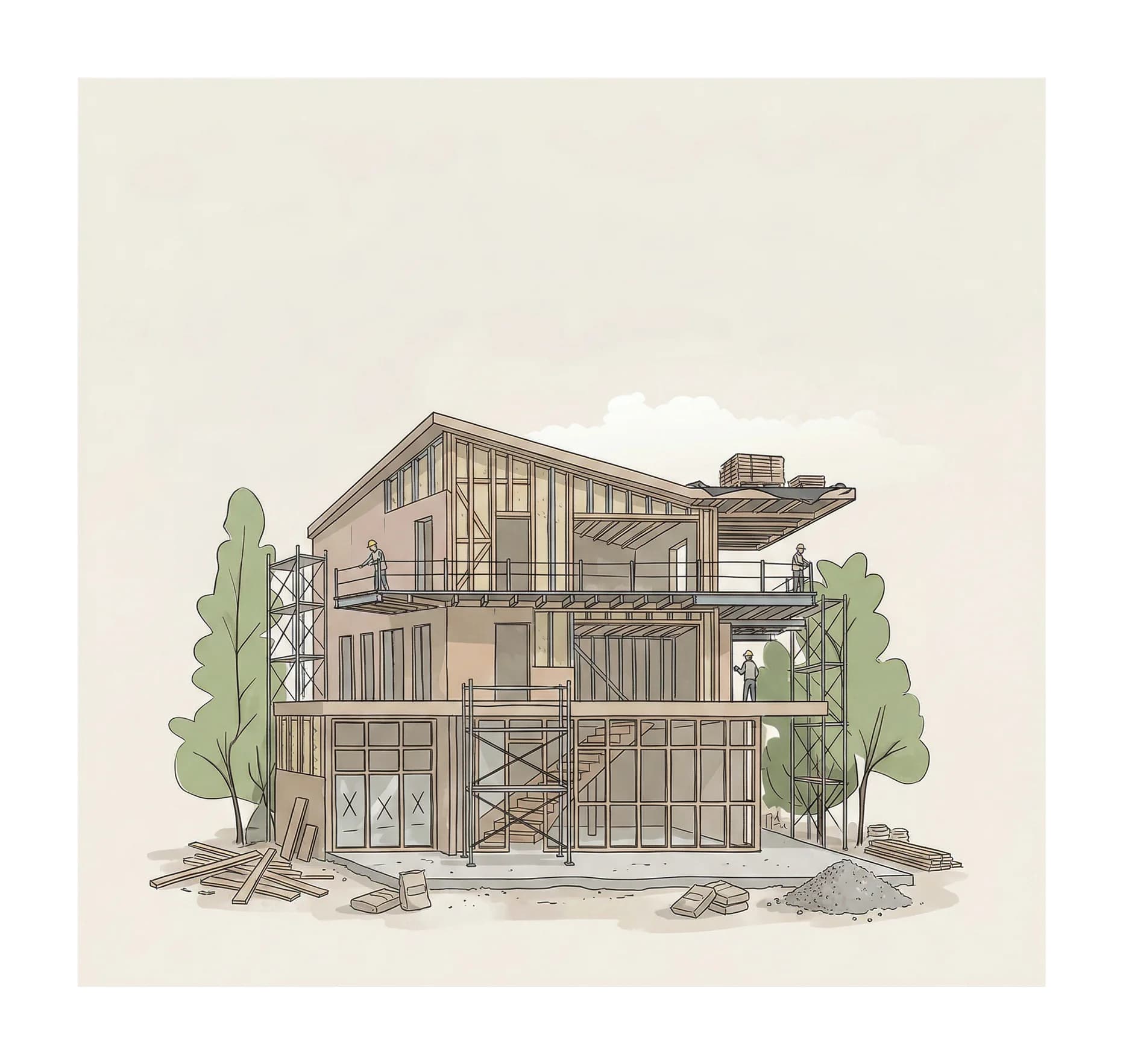 Baustellen-Illustration — Gebäude im Rohbau für Bausachverständige
